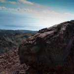 big lava rocks that where cast around during the last erruption. Hiero, the neigbor island is to be seen at he horizon